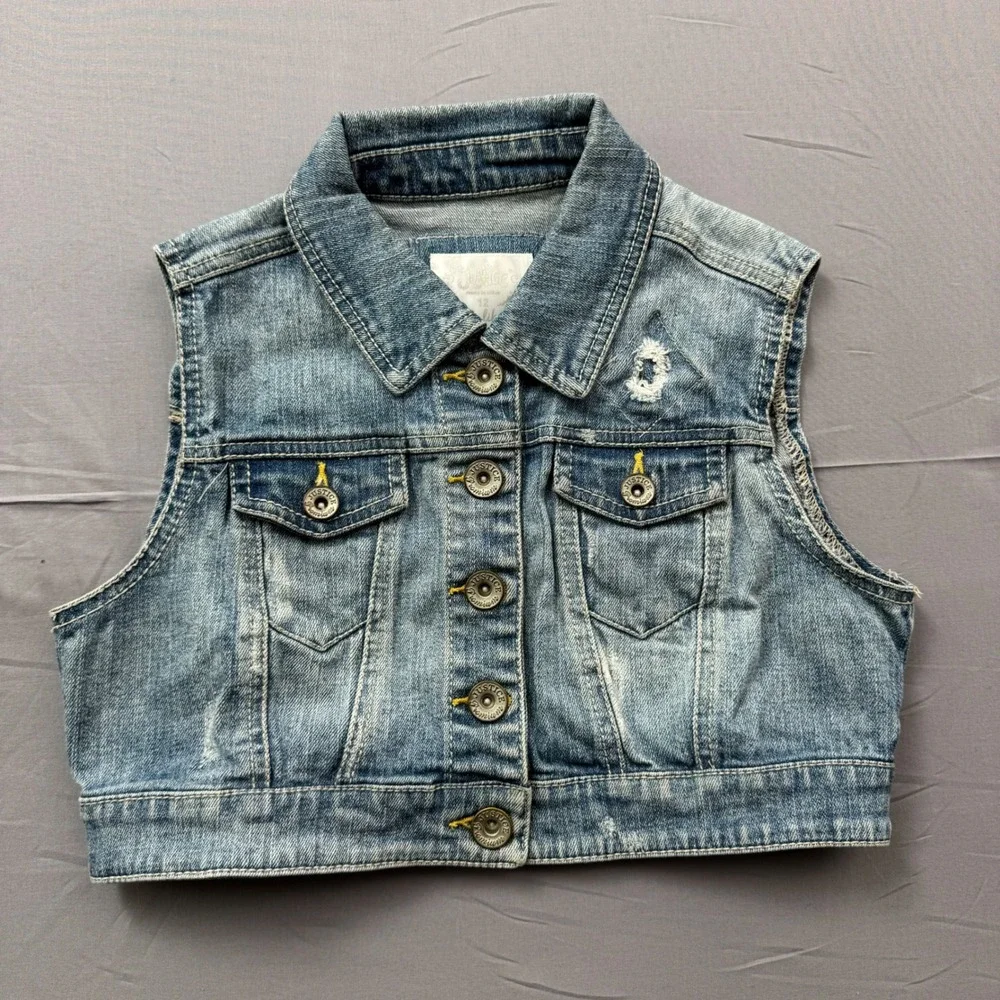 Justice Girls Medium Wash Distressed Cropped Denim Vest Size 12 Trucker Jacket